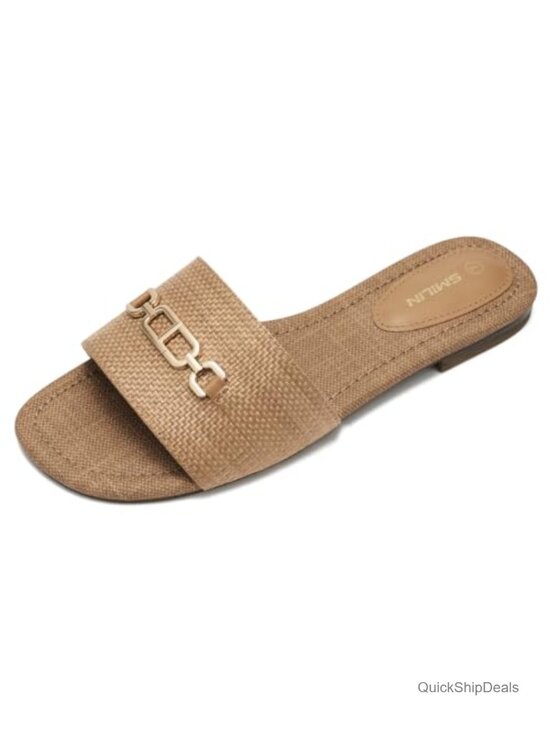 Shoes - Woven Raffia Flat Slide Sandals with Gold Chain
